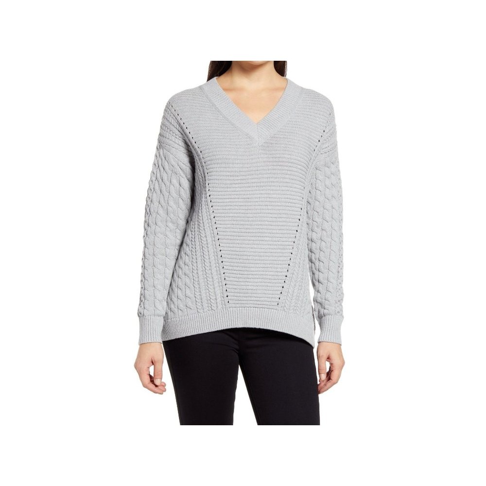 Caslon Cable V-Neck Sweater Grey NEW WITH TAGS